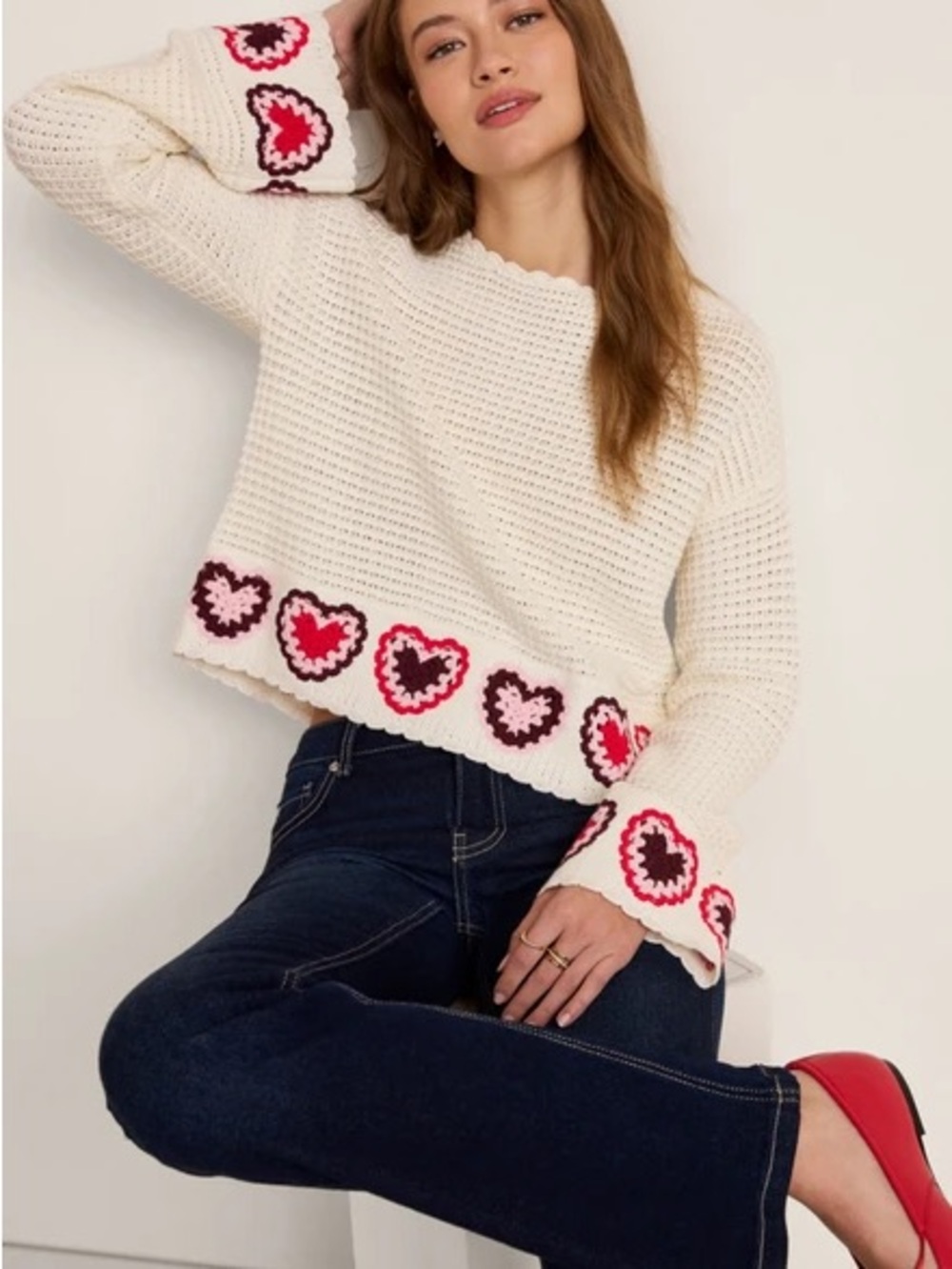 Francescaβs Womens Cream Heart-Trim Knit Sweater